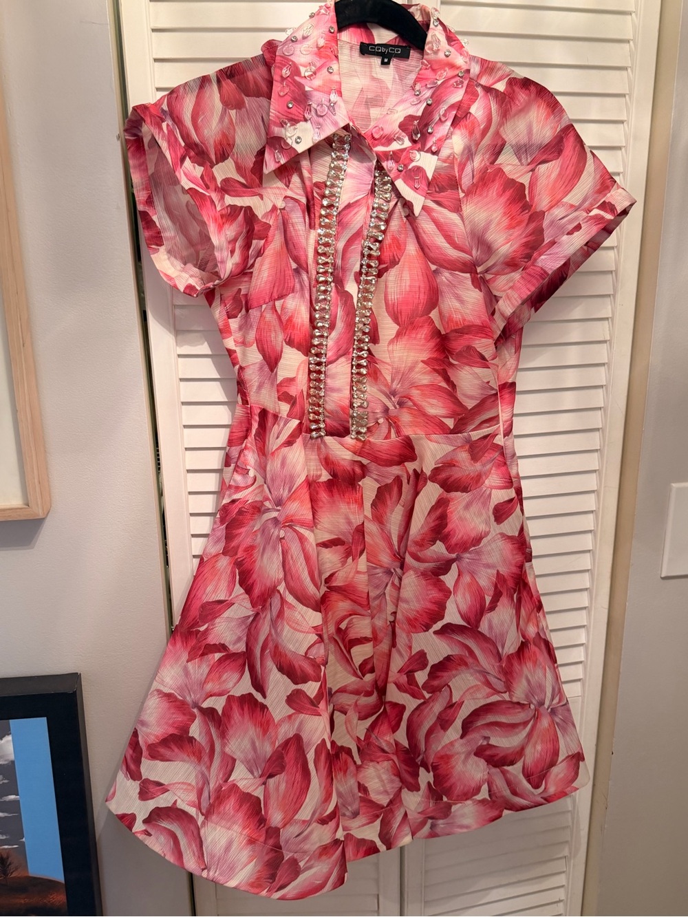 Pink Floral Midi Dress with Pearl Trim